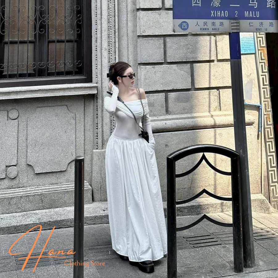 😍Đầm trễ vai dáng dài maxi, váy nữ tay dài body không mút tùng xoè đi tiệc cưới sang chảnh Đ040