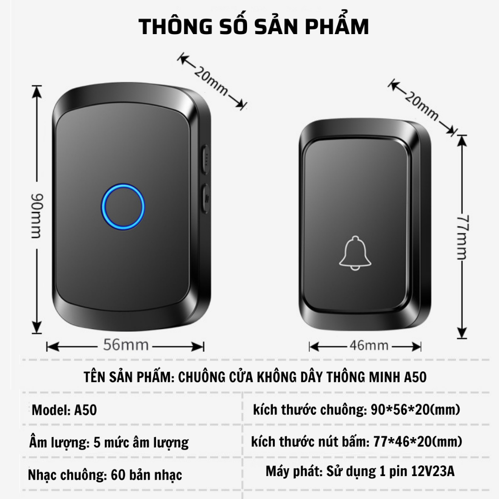 Chuông cửa không dây thông minh thế hệ mới CTFAST A50 - Khoảng cách 300 mét, chống nước, 60 loại nhạc chuông