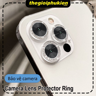 Bộ kính cường lực vòng kim loại nhũ lấp lánh bảo vệ ống kính camera cho iphone 11 12 13 14 15 Pro Max Mini Plus bvc01
