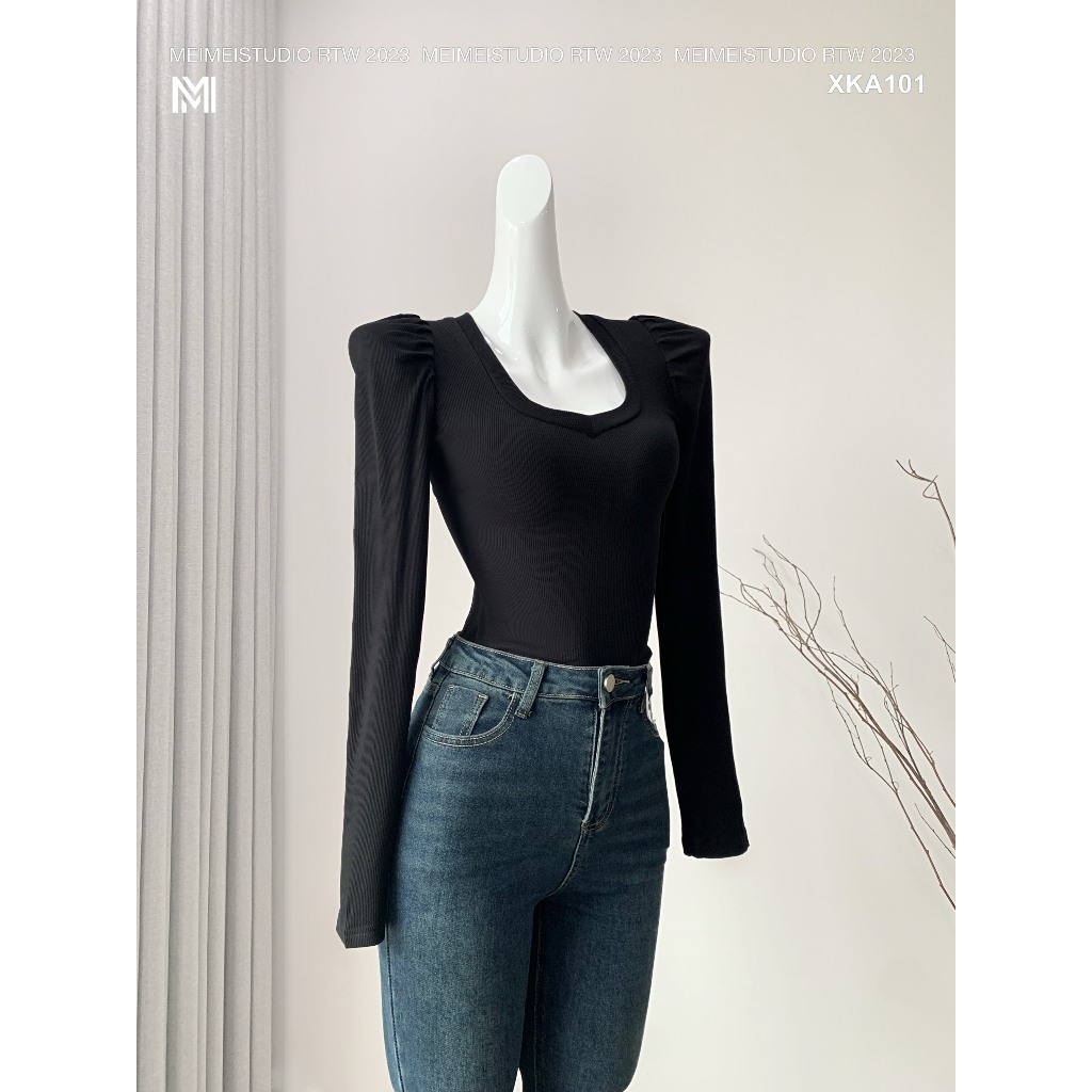 Áo thun zip tăm cổ tim, dài tay dáng ôm, vải co giãn thoải mái, 3 màu cơ bản dễ phối đồ | XKA101