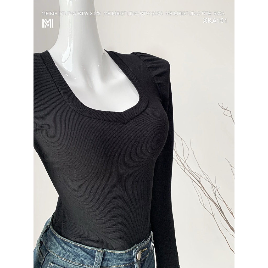 Áo thun zip tăm cổ tim, dài tay dáng ôm, vải co giãn thoải mái, 3 màu cơ bản dễ phối đồ | XKA101