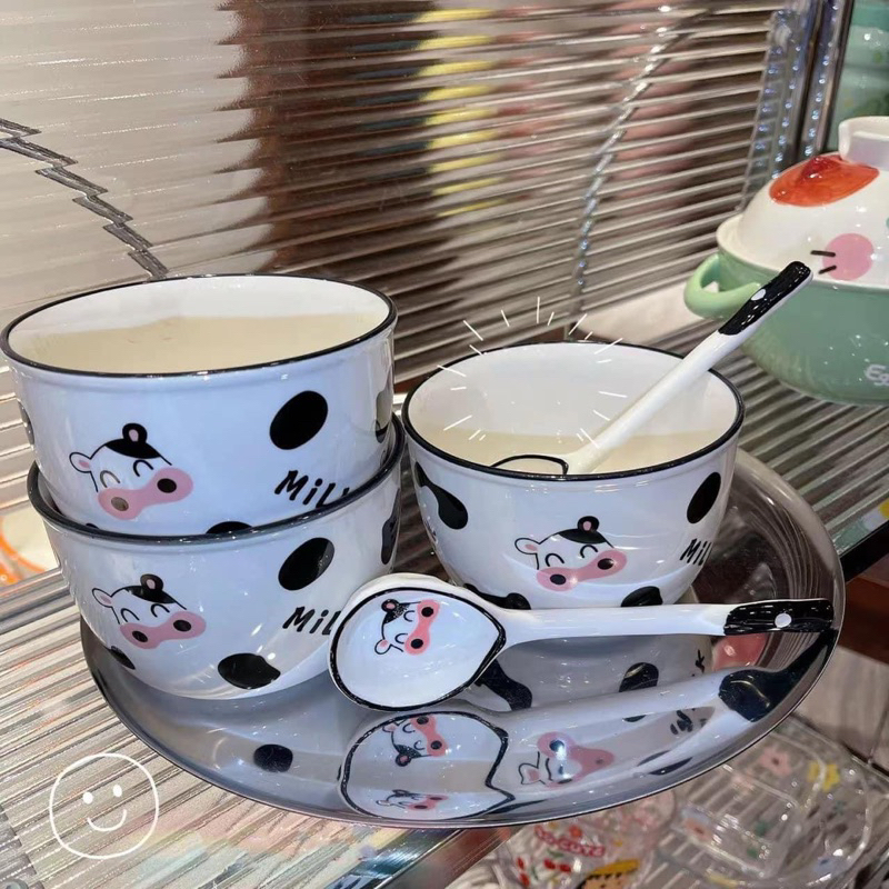 SET BỘ 2 BÁT + 2 THÌA HÌNH BÒ SỮ CHỮ MILK