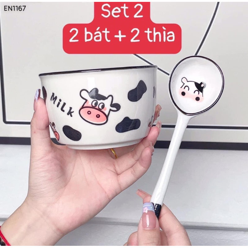 SET BỘ 2 BÁT + 2 THÌA HÌNH BÒ SỮ CHỮ MILK