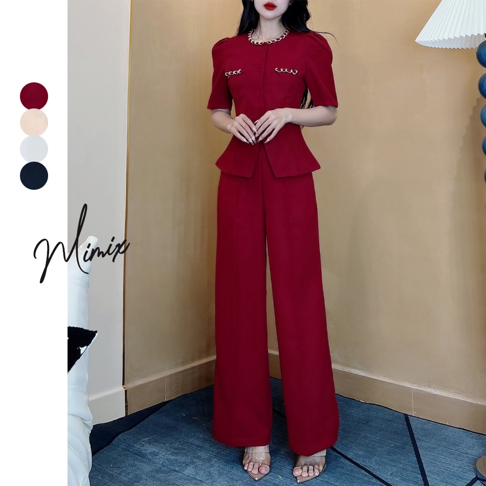 Set Bộ MIMIX Trơn Áo Tay Lửng Cổ Tròn Kèm Quần Ống Suông Dài Phối Xích 4 Màu Thanh Lịch DR2260