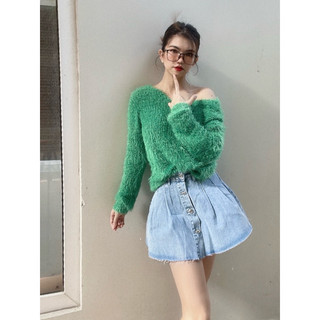 Áo sweater dài tay xanh lá xoắn lưng