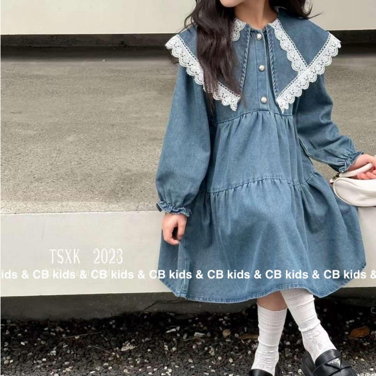 Váy babydoll bé gái vải jean hàng đẹp 10-35kg size đại Váy bò dài tay cho bé mặc thu đông Amberkids