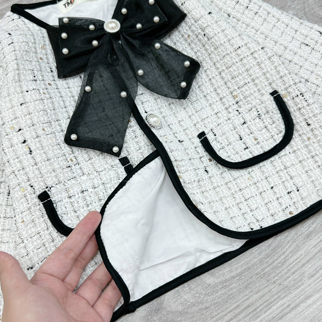 Set Dạ Tweet Phối Nơ Kèm Chân Váy Xếp Ly Cho Bé Gái WOWKIDS Phong Cách Hàn Cho Bé Đi Chơi, Chụp Hình