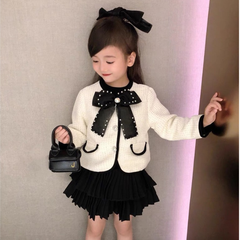 Set Dạ Tweet Phối Nơ Kèm Chân Váy Xếp Ly Cho Bé Gái WOWKIDS Phong Cách Hàn Cho Bé Đi Chơi, Chụp Hình