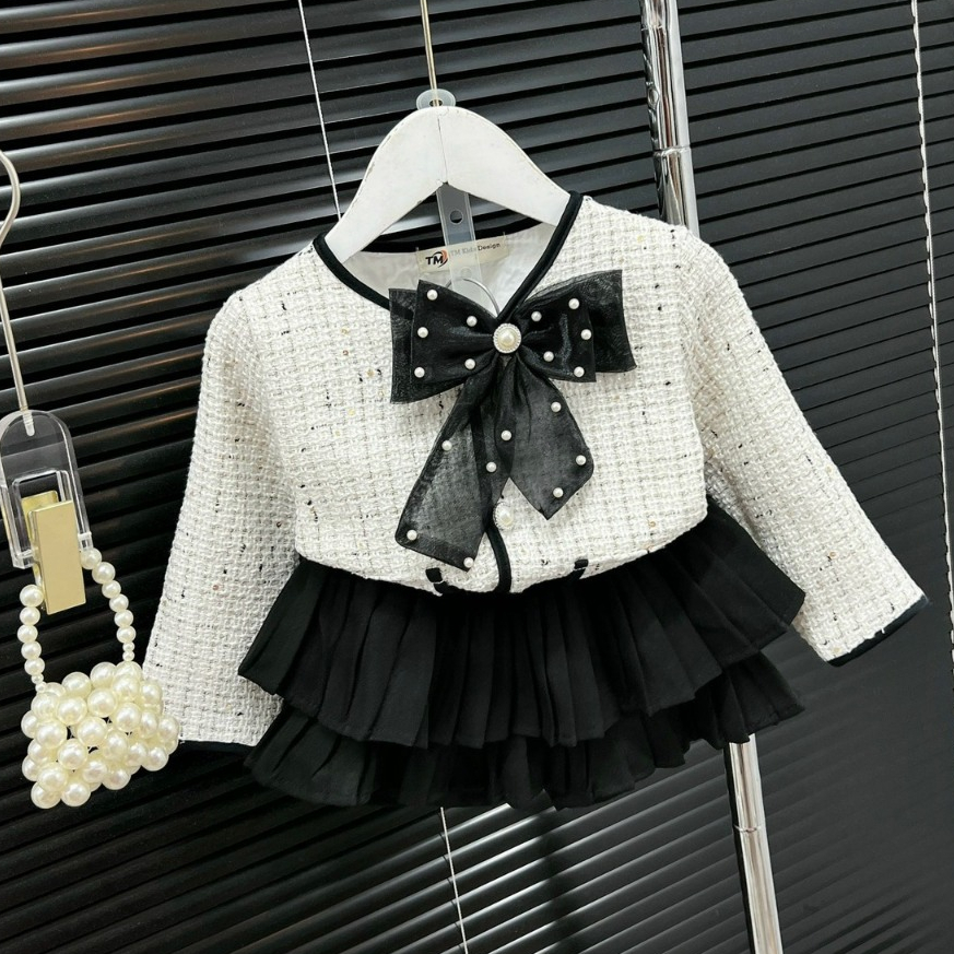 Set Dạ Tweet Phối Nơ Kèm Chân Váy Xếp Ly Cho Bé Gái WOWKIDS Phong Cách Hàn Cho Bé Đi Chơi, Chụp Hình