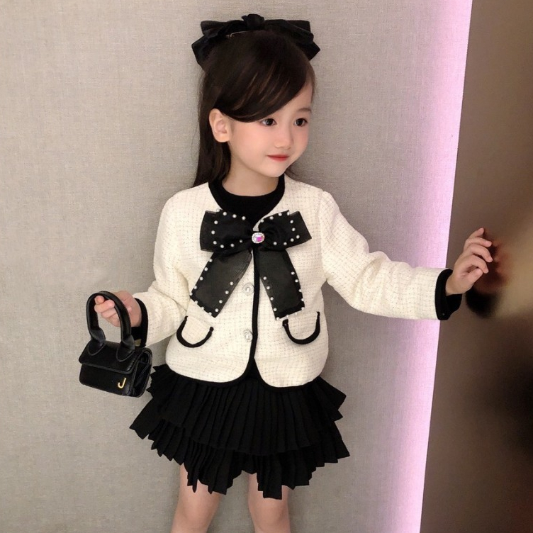 Set Dạ Tweet Phối Nơ Kèm Chân Váy Xếp Ly Cho Bé Gái WOWKIDS Phong Cách Hàn Cho Bé Đi Chơi, Chụp Hình