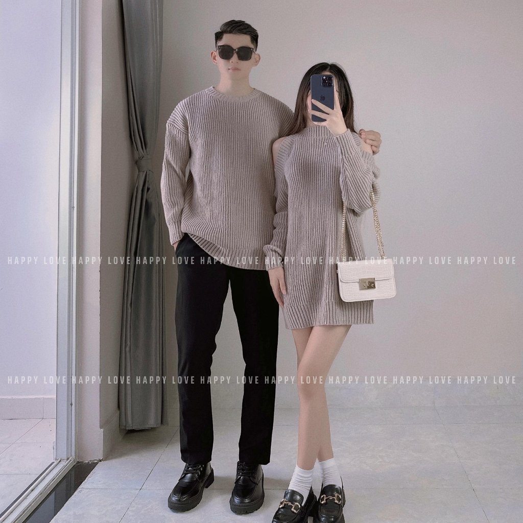 Đồ cặp nam nữ mùa đông set áo váy đôi khoét vai chất vải len dày dặn hàng Quảng Châu dành cho cặp đôi HAPPYLOVE H127