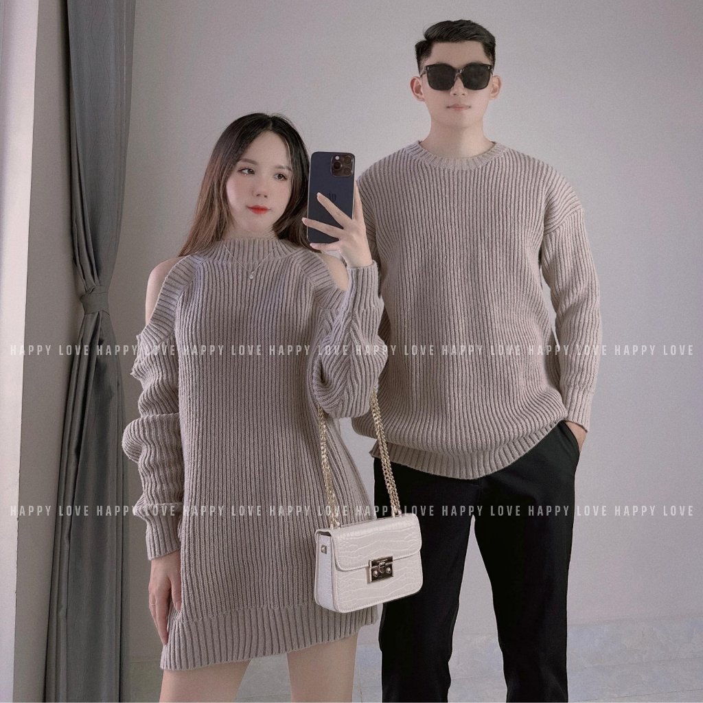 Đồ cặp nam nữ mùa đông set áo váy đôi khoét vai chất vải len dày dặn hàng Quảng Châu dành cho cặp đôi HAPPYLOVE H127
