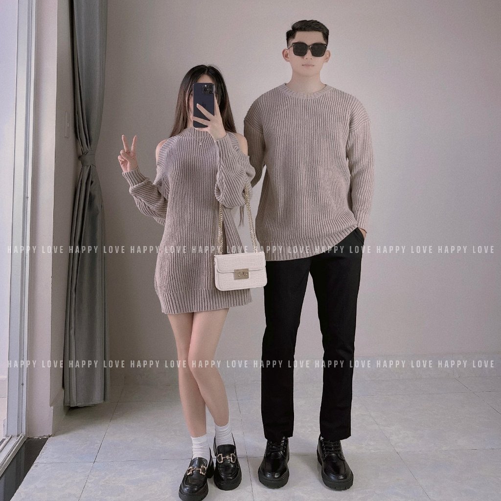 Đồ cặp nam nữ mùa đông set áo váy đôi khoét vai chất vải len dày dặn hàng Quảng Châu dành cho cặp đôi HAPPYLOVE H127