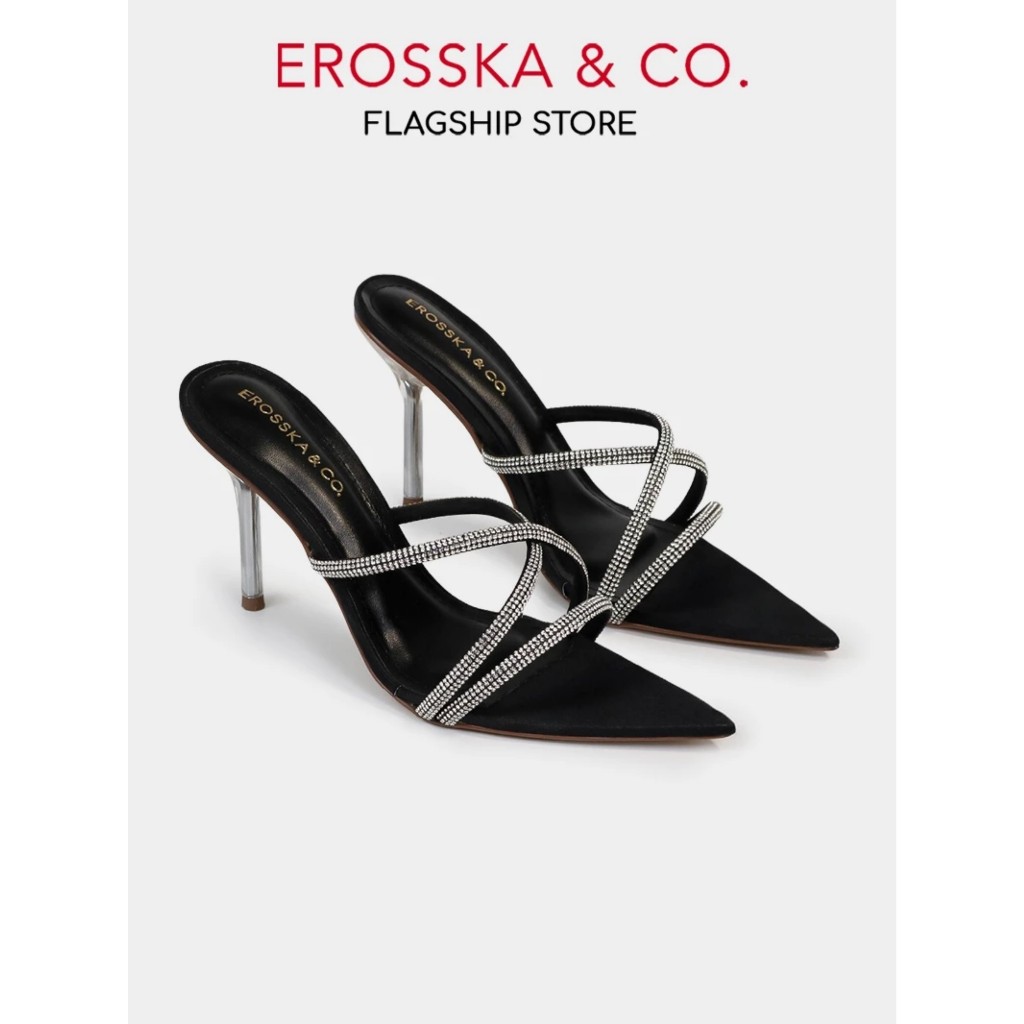 Erosska - Dép cao gót quai ngang đính đá thời trang, guốc nữ mũi nhọn cao 9cm màu đen - EN003