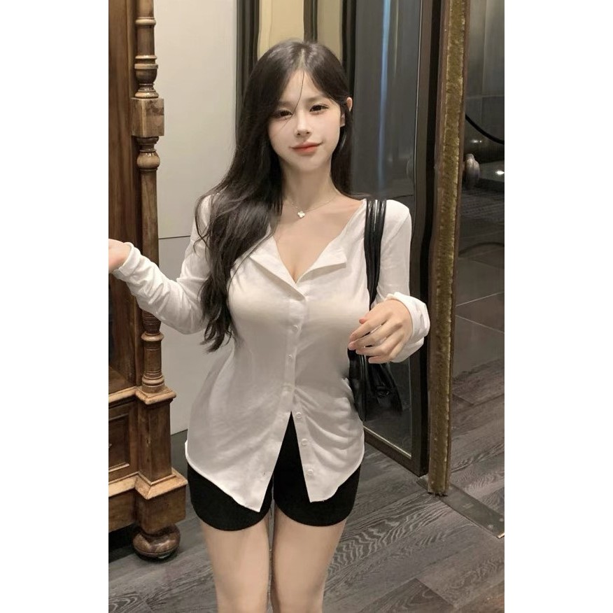 Áo thun nữ dài tay chất vải cotton giấy không nhăn cao cấp kèm bra cùng màu ELWYN EL70