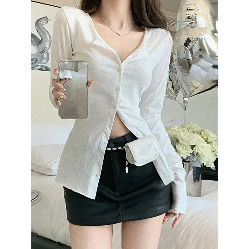 Áo thun nữ dài tay chất vải cotton giấy không nhăn cao cấp kèm bra cùng màu ELWYN EL70