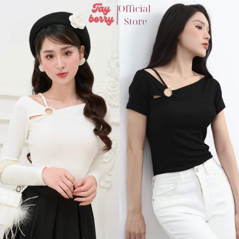 Áo Kiểu Nữ Lệch Vai Dáng Ôm Phối Khuyên Tròn Dài Tay, Ngắn tay