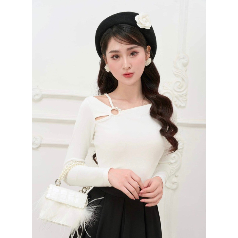 Áo Kiểu Nữ Lệch Vai Dáng Ôm Phối Khuyên Tròn Dài Tay, Ngắn tay