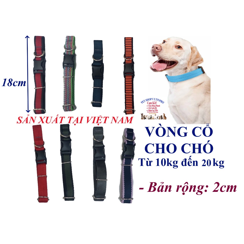 Vòng cổ cho Chó từ 10kg đến 20kg Bản rộng 2cm Chất liệu dù cao cấp, Chắc chắn, An toàn cho thú cưng, SX tại Việt Nam