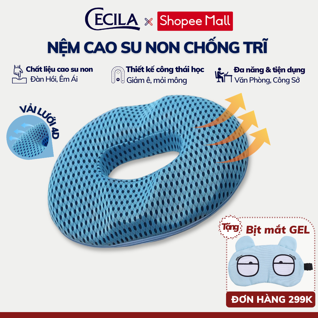 Gối lót ghế ngồi y tế chống trĩ CECILA, Chất liệu cao su non giảm ê mỏi mông cho dân văn phòng, bà bầu, người bệnh trĩ.