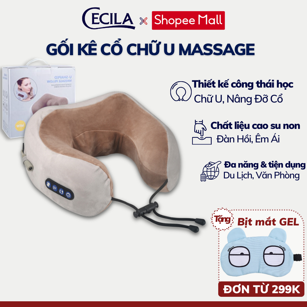 Gối kê cổ chữ U massage CECILA cao cấp, cao su non êm ái, kích thước nhỏ gọn, dễ dàng sử dụng ở nhà, văn phòng. BH 12T.