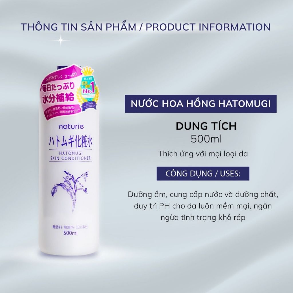 Nước hoa hồng ý dĩ Hatomugi Nhật Bản cấp ẩm làm dịu nhẹ và làm sáng da Naturie Skin Conditioner Lotion 500ml - Bahachiha