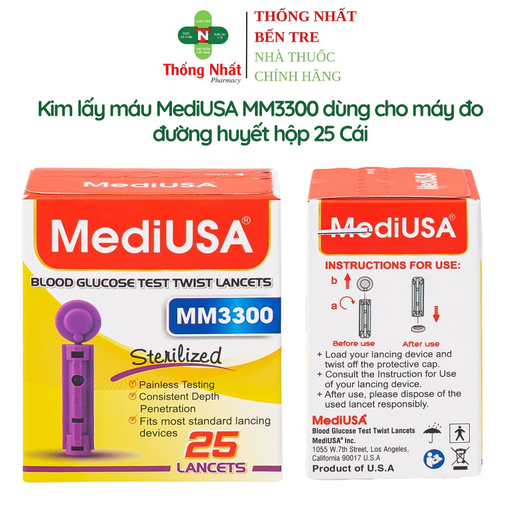 Kim lấy máu MediUSA MM3300 dùng cho máy đo đường huyết hộp 25 cái