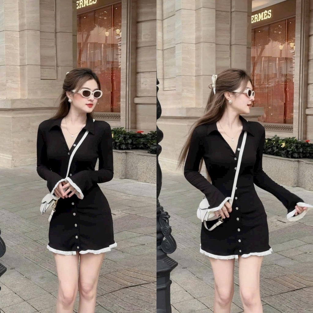 Váy body nữ tay dài phối bèo ở tay và vạt áo xinh xắn HT048