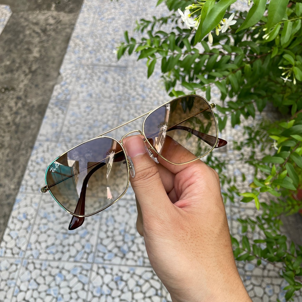 Kính rayban 3136 caravan của Ý, 2nd, tròng thủy tinh nâu khói 2 màu, đi ngày và đêm, phom chữ nhật ôm mặt
