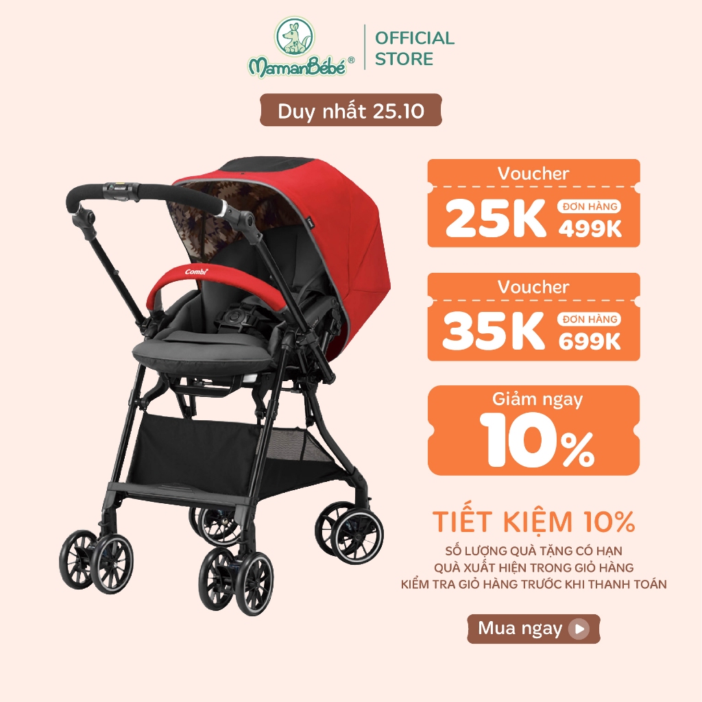 Xe đẩy Combi Sugocal Compact 4 bánh quay tự động màu đỏ