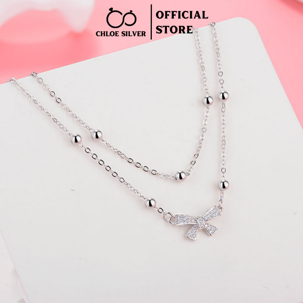 Lắc chân bạc nữ S925 CHLOE SILVER sợi bi kép 2 tầng mặt nơ đính đá phong cách Hàn Quốc sang chảnh, tiểu thư-LC05