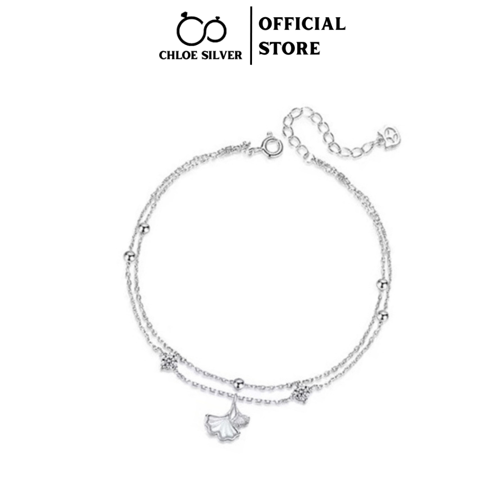 Lắc chân bạc nữ S925 CHLOE SILVER sợi kép mặt Lá Bạch Quả -Ginko đính đá siêu chảnh phong cách tiểu thư-LC06