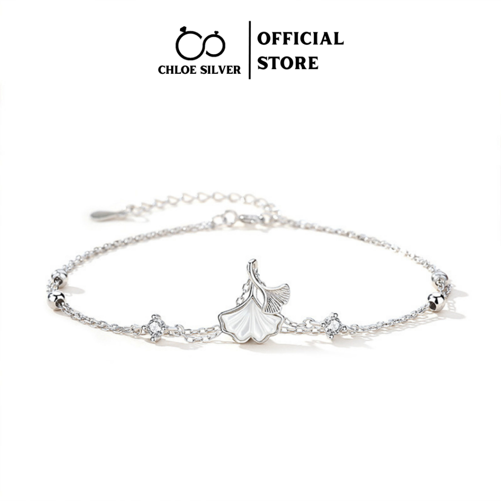 Lắc chân bạc nữ S925 CHLOE SILVER sợi kép mặt Lá Bạch Quả -Ginko đính đá siêu chảnh phong cách tiểu thư-LC06