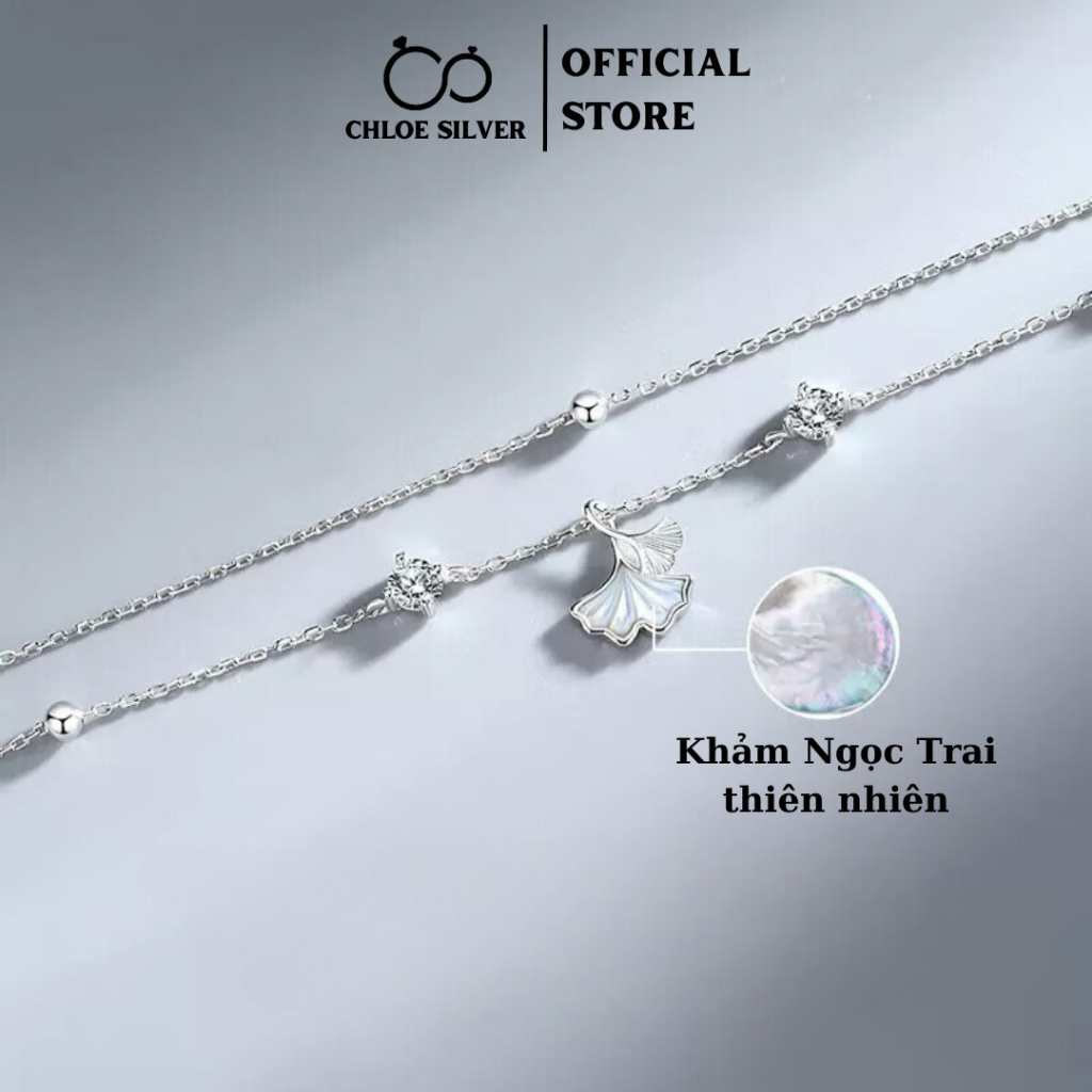 Lắc chân bạc nữ S925 CHLOE SILVER sợi kép mặt Lá Bạch Quả -Ginko đính đá siêu chảnh phong cách tiểu thư-LC06