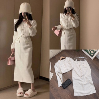 Set dạ trắng tay dài + chân váy