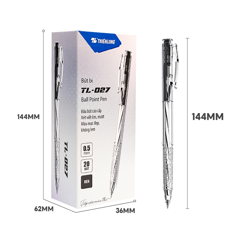 Combo 5/10/20 Bút bi Thiên Long TL-027 mực xanh/đỏ/đen ngòi 0.5mm kiểu dáng hiện đại cầm tay thoải mái, nét đều trơn