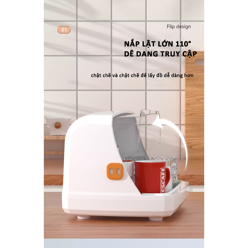 Tủ đựng bát đĩa 1 tầng, đi kèm 6 khe đỡ bình sữa, nắp đậy và khe thoát nước thông minh