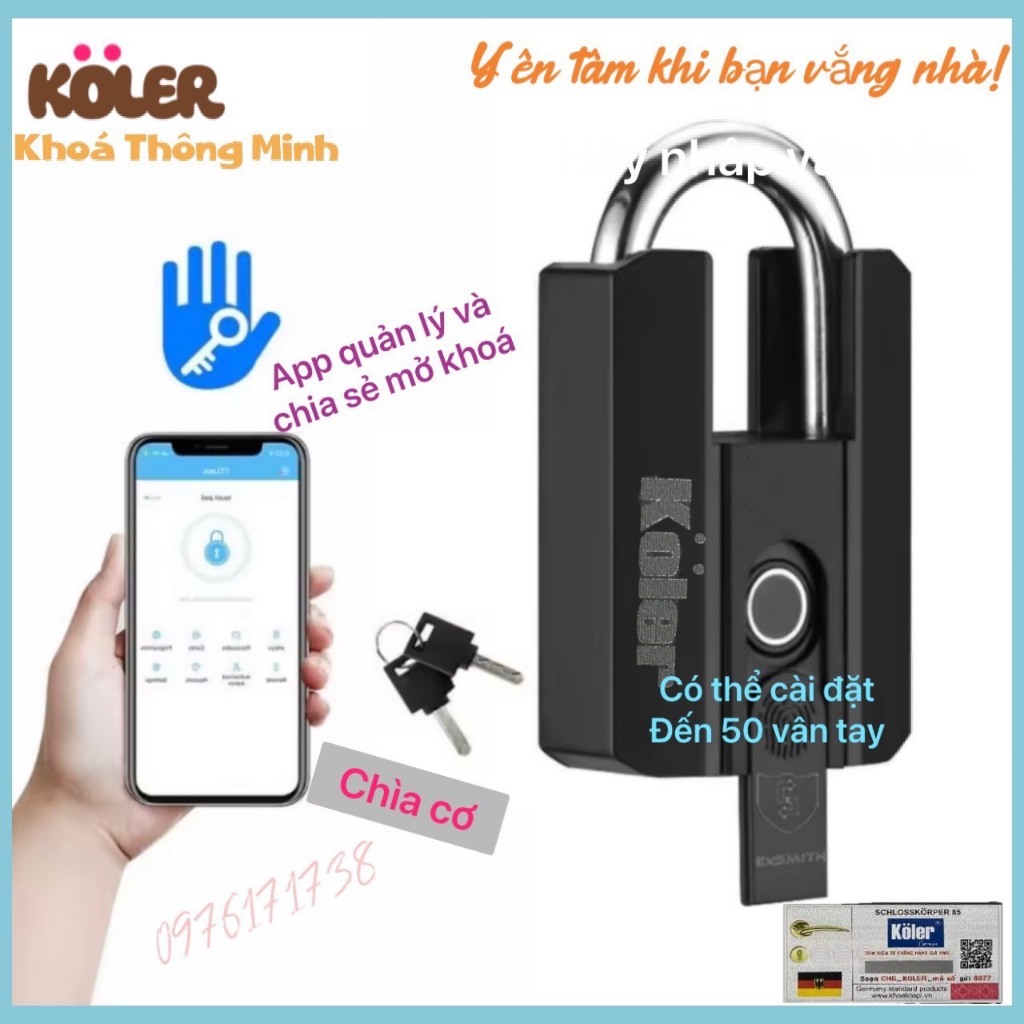 KOLER Ổ khóa vân tay Chống trộm khoá thông minh (mở khóa bằng vân tay, Bluetooth và chìa khoá)