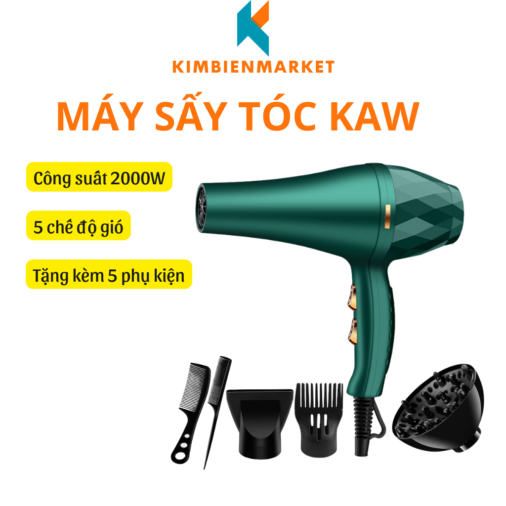 Máy sấy tóc KAW công suất lớn 2000W giúp tóc nhanh khô, 3 chế độ sấy tạo kiểu, chăm sóc tóc chuẩn Salon