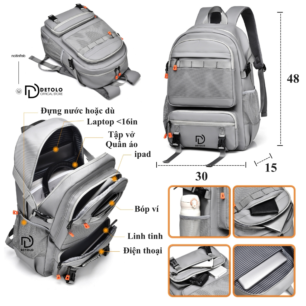 Balo Laptop 15.6in 16in Thời Trang Nam Nữ Cao Cấp DETOLO , Đi Học, Đi Làm, Đi Chơi, Du Lịch, Chống Nước