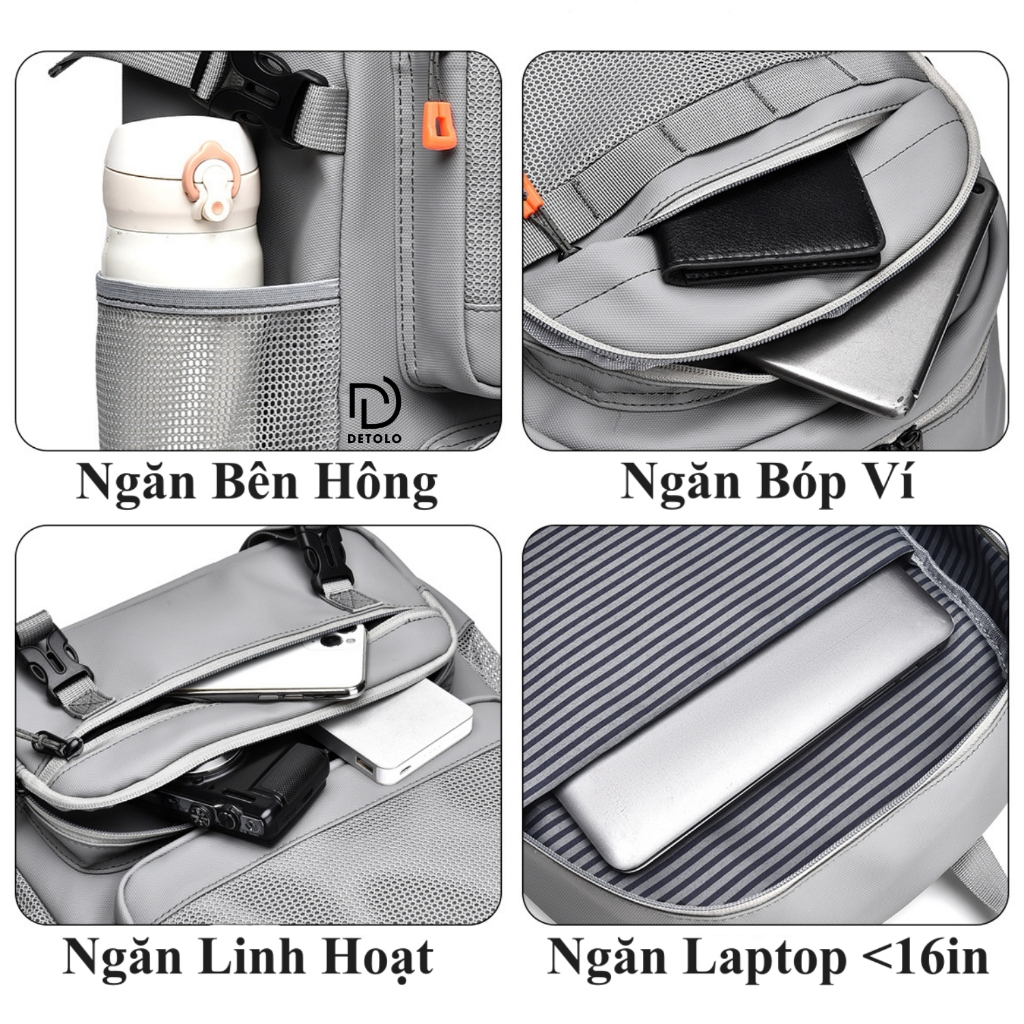 Balo Laptop 15.6in 16in Thời Trang Nam Nữ Cao Cấp DETOLO , Đi Học, Đi Làm, Đi Chơi, Du Lịch, Chống Nước