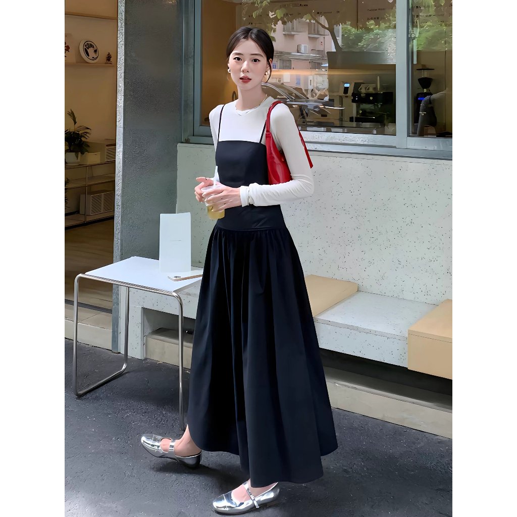 Set váy yếm Emili dáng áo dài tay liền váy đồ công sở thời trang kiểu nữ