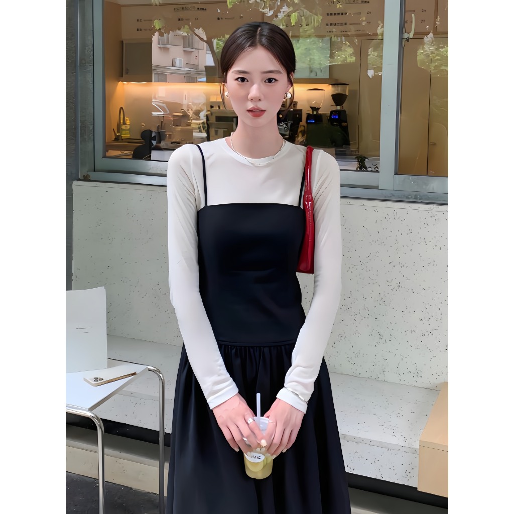 Set váy yếm Emili dáng áo dài tay liền váy đồ công sở thời trang kiểu nữ