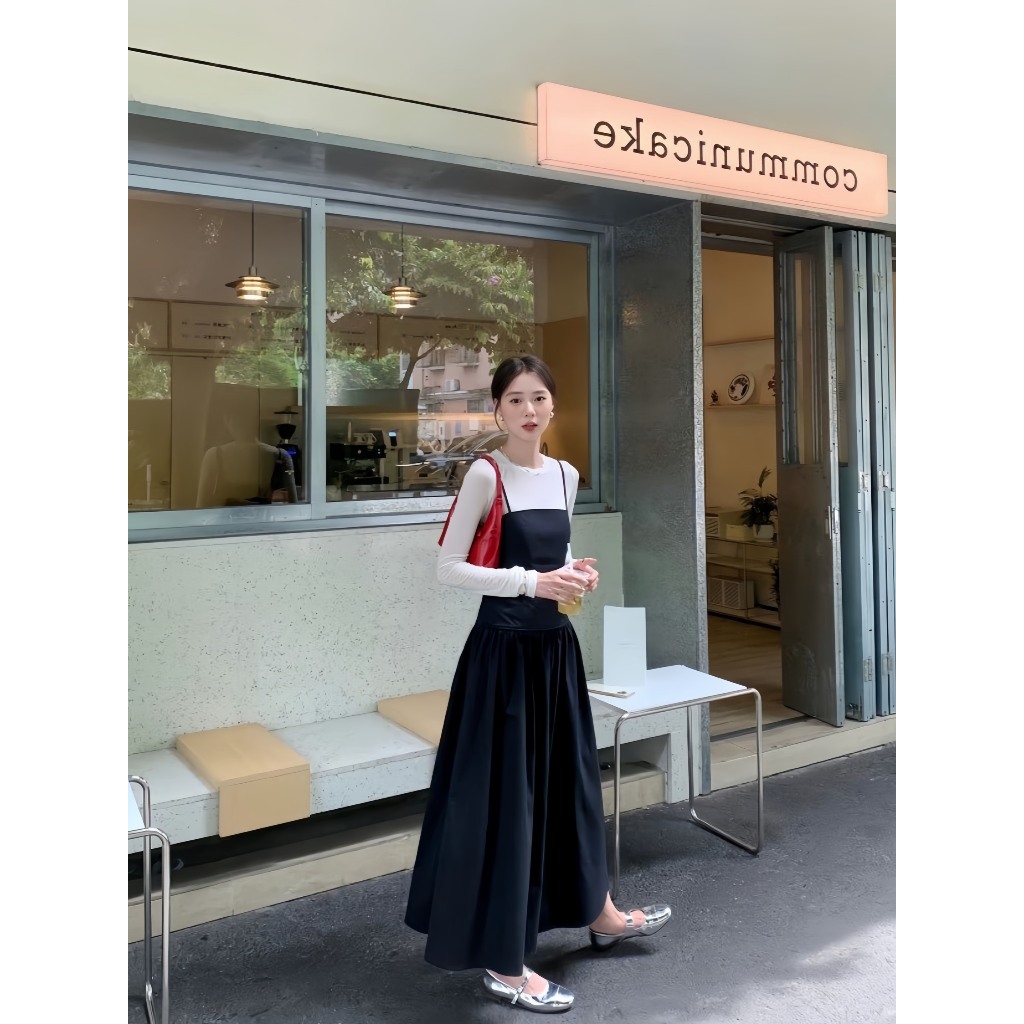 Set váy yếm Emili dáng áo dài tay liền váy đồ công sở thời trang kiểu nữ