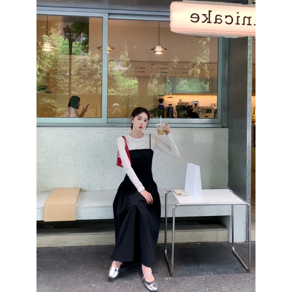 Set váy yếm Emili dáng áo dài tay liền váy đồ công sở thời trang kiểu nữ