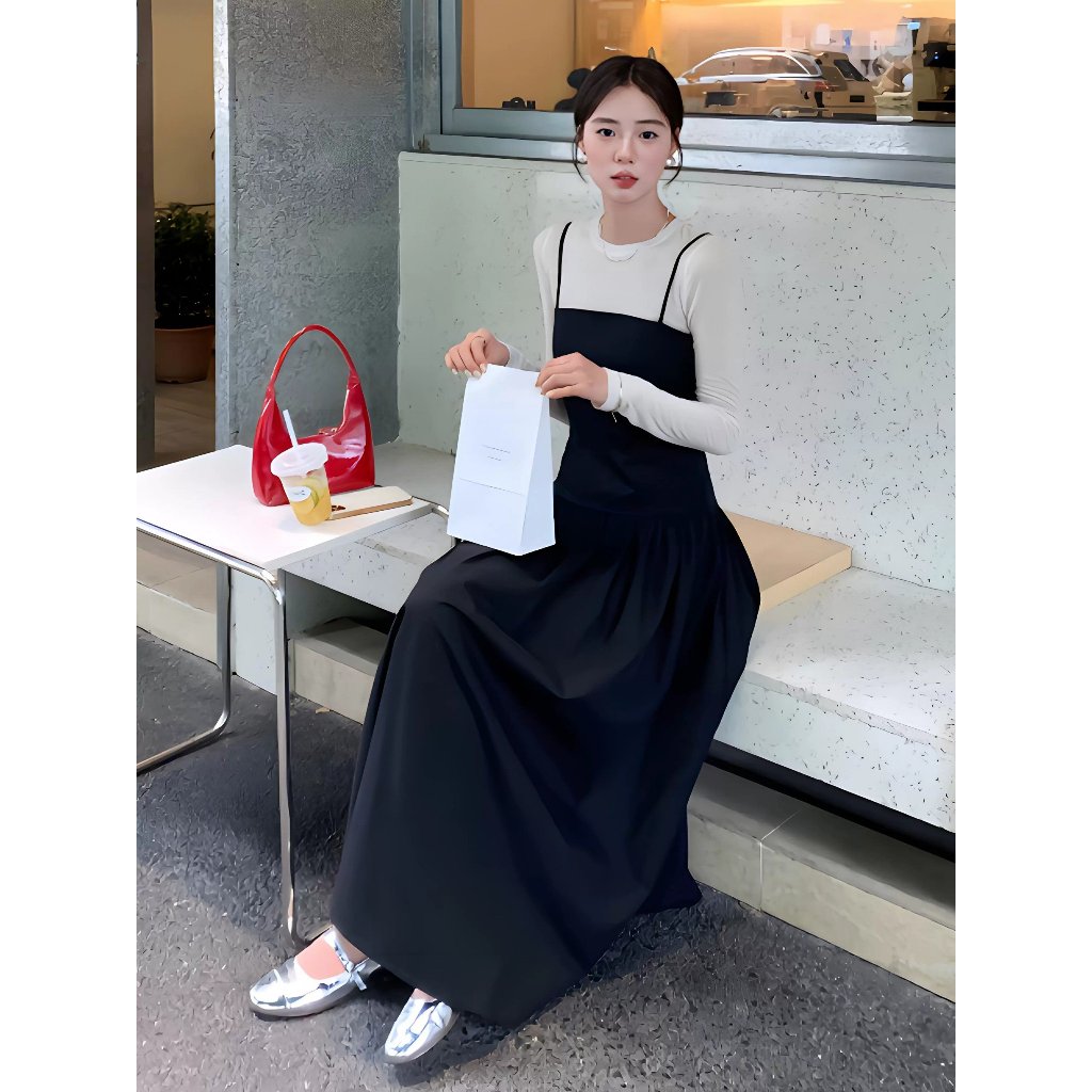 Set váy yếm Emili dáng áo dài tay liền váy đồ công sở thời trang kiểu nữ