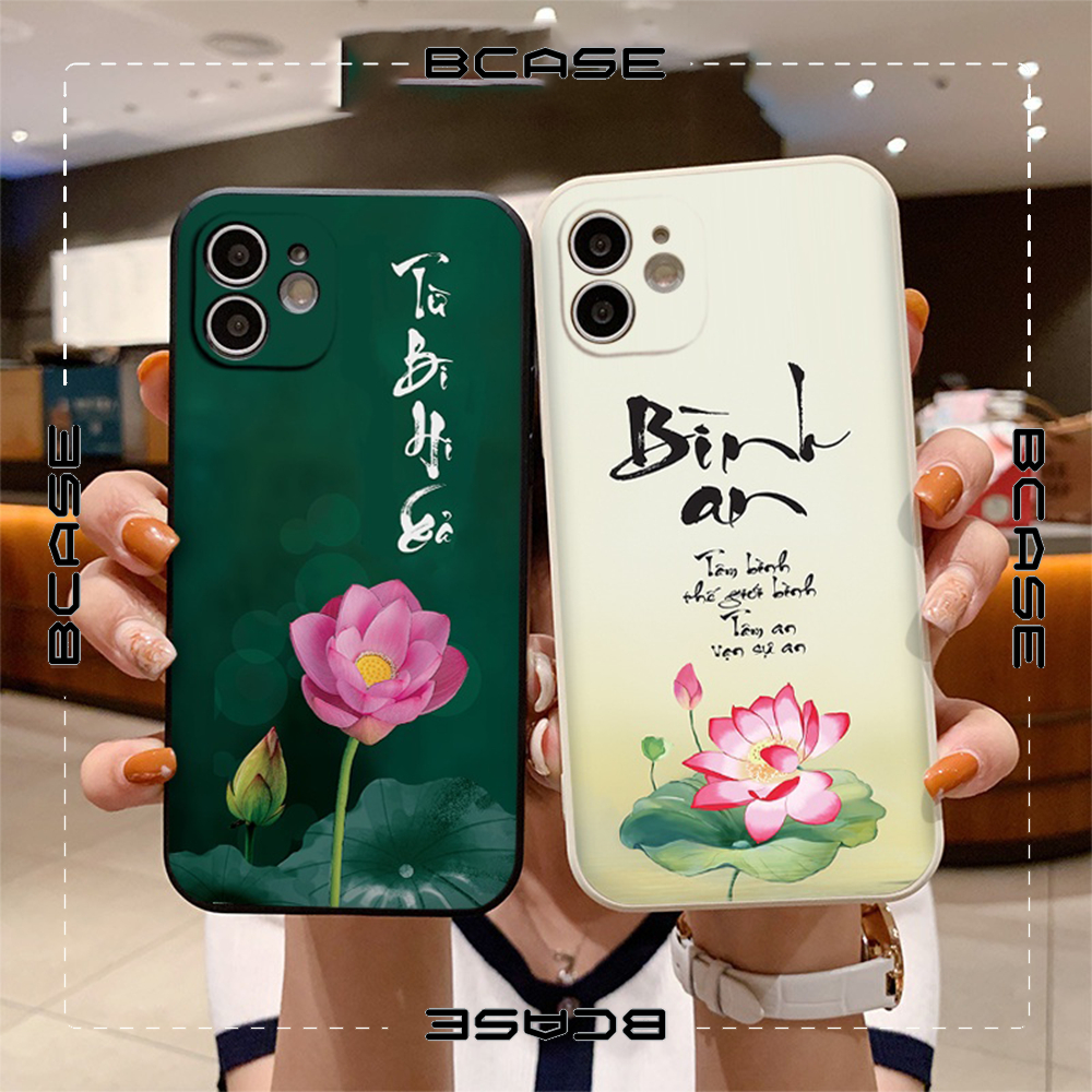 Ốp lưng iphone Hoa sen chữ thư pháp Bình An vuông dẻo - Apple iphone Case 7+ 8 plus 14 13 12 Pro max 11 Pro X XS th051