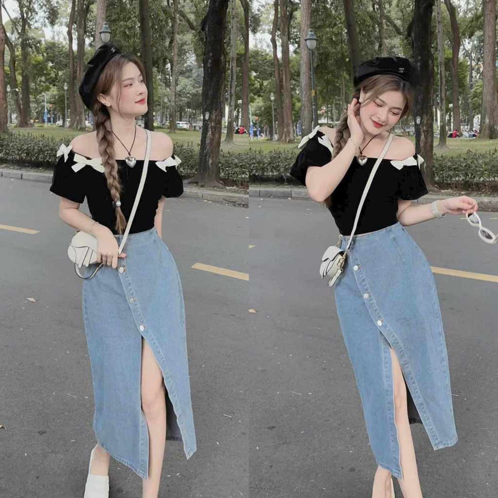 Sét Đồ nữ áo thun gân đính nơ trễ vai con, váy jean cứng phối nút xẻ tà sang trọng