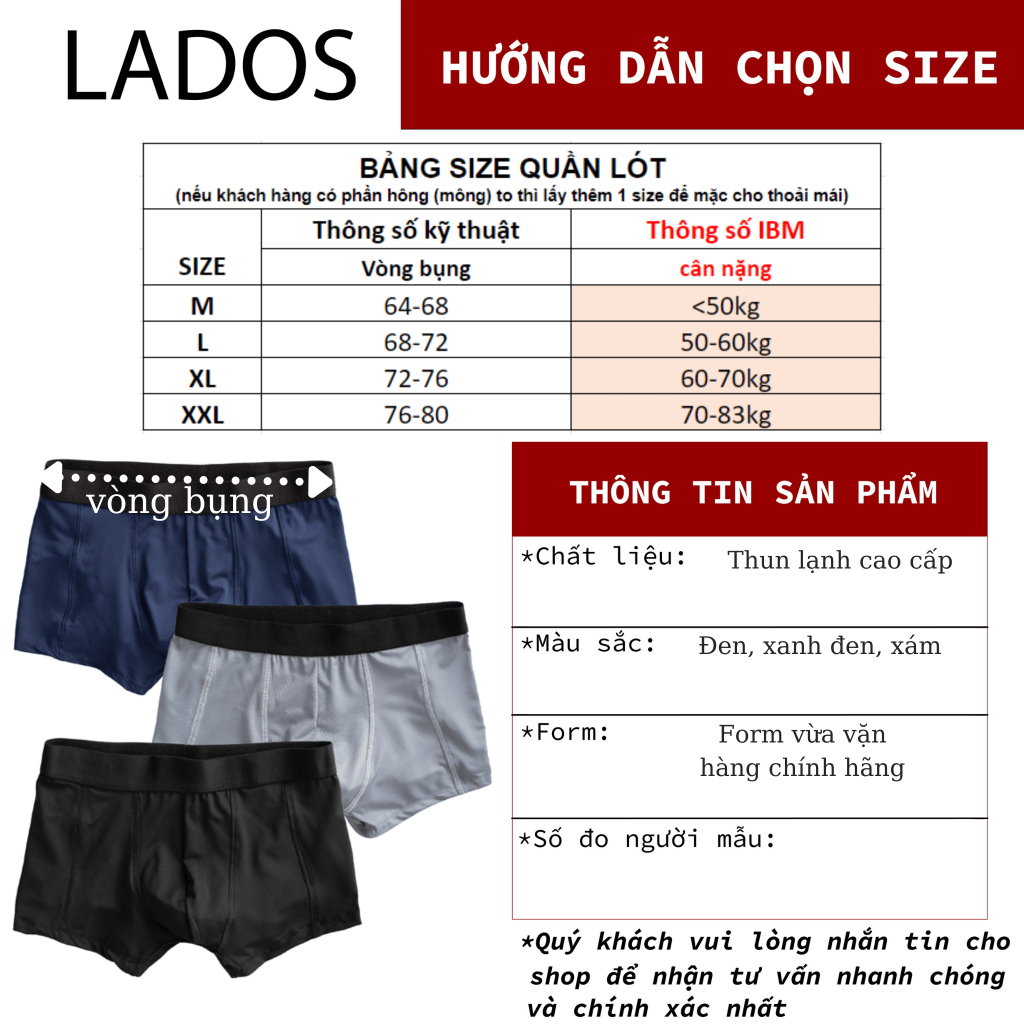 Quần Lót Nam Boxer Thun Lạnh Lados 24116 - Thun lụa co giãn, dai, thoáng mát, form chuẩn size