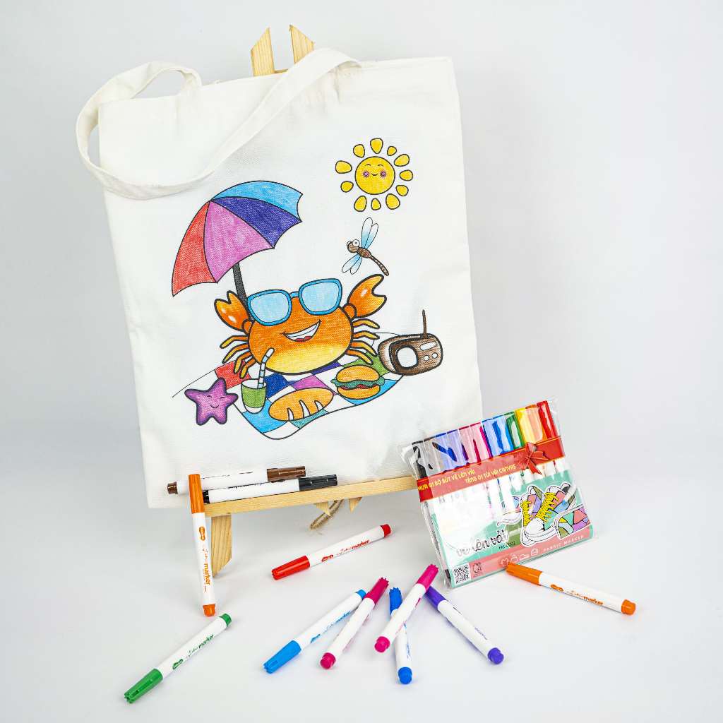 Combo túi vải Canvas tự trang trí theo sở thích và Bộ 12 màu bút vẽ lên vải, Túi tote DIY in hình chưa tô màu cho bé